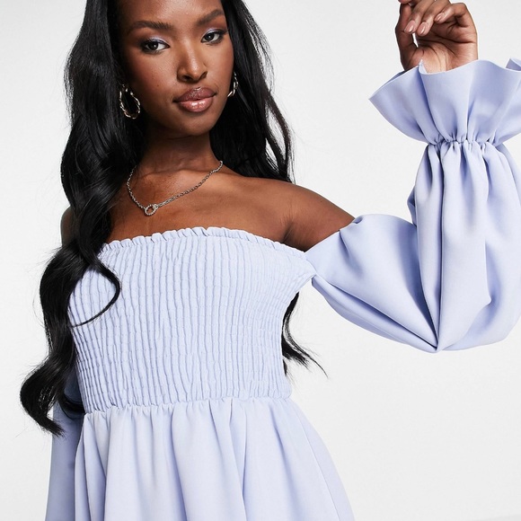 ASOS design shirred bardot blouson sleeve midi prom dress in baby blue - Picture 3 of 5